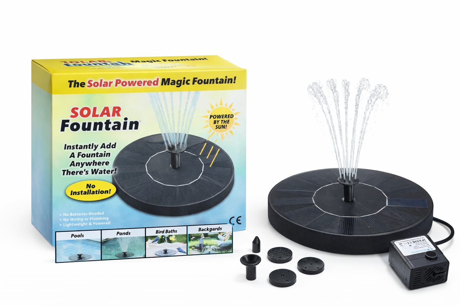 Solarbetriebener Schwimmbrunnen mit Springbrunnenaufsätzen